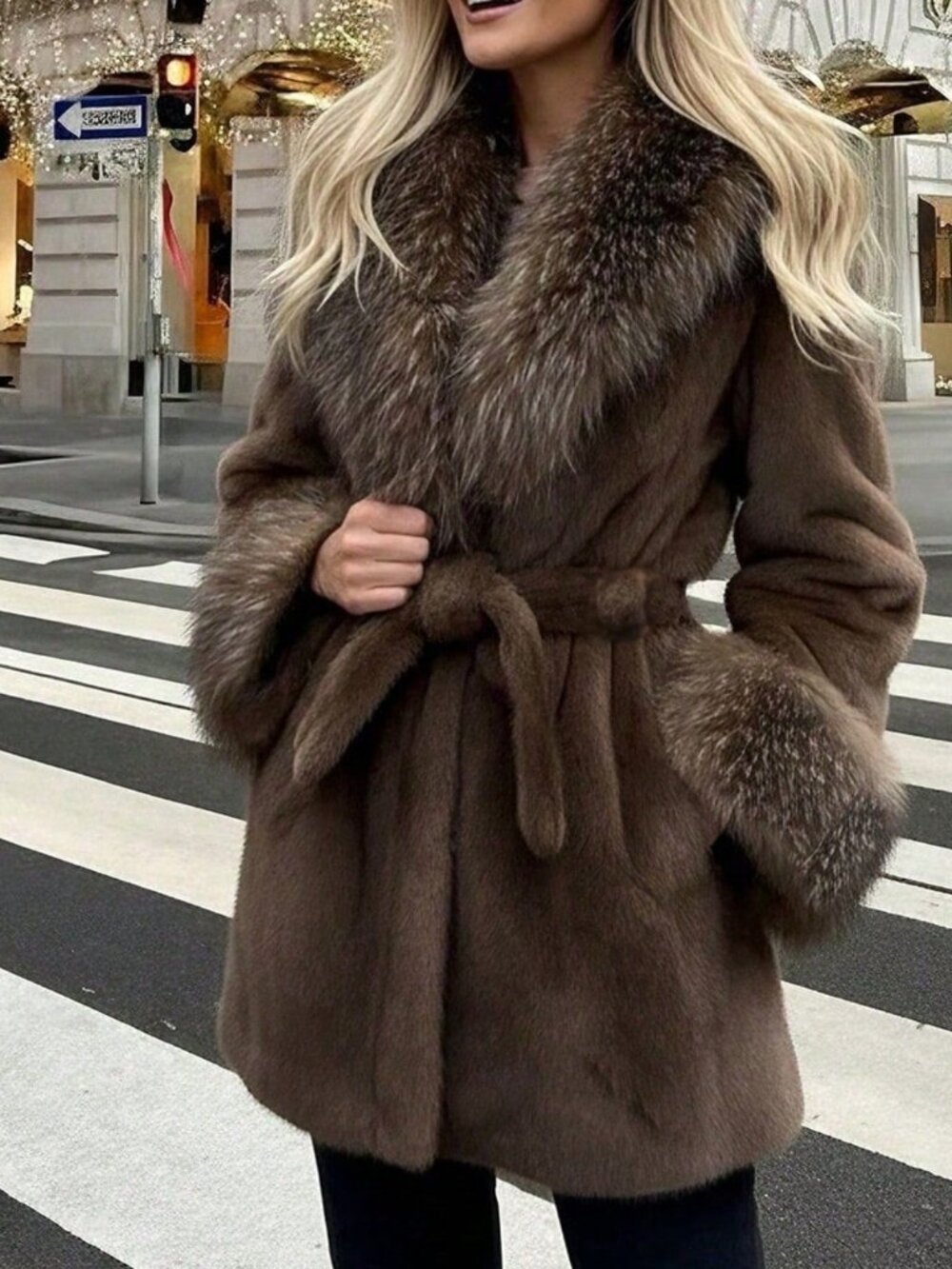 Coffee Brown Casual Women's Faux Fur Coat with Collar